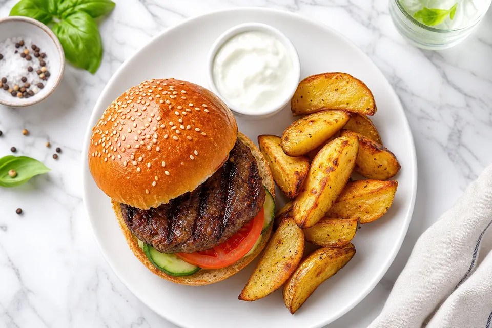 BBQ Beef Burgers with Soft Wedges — finished dish