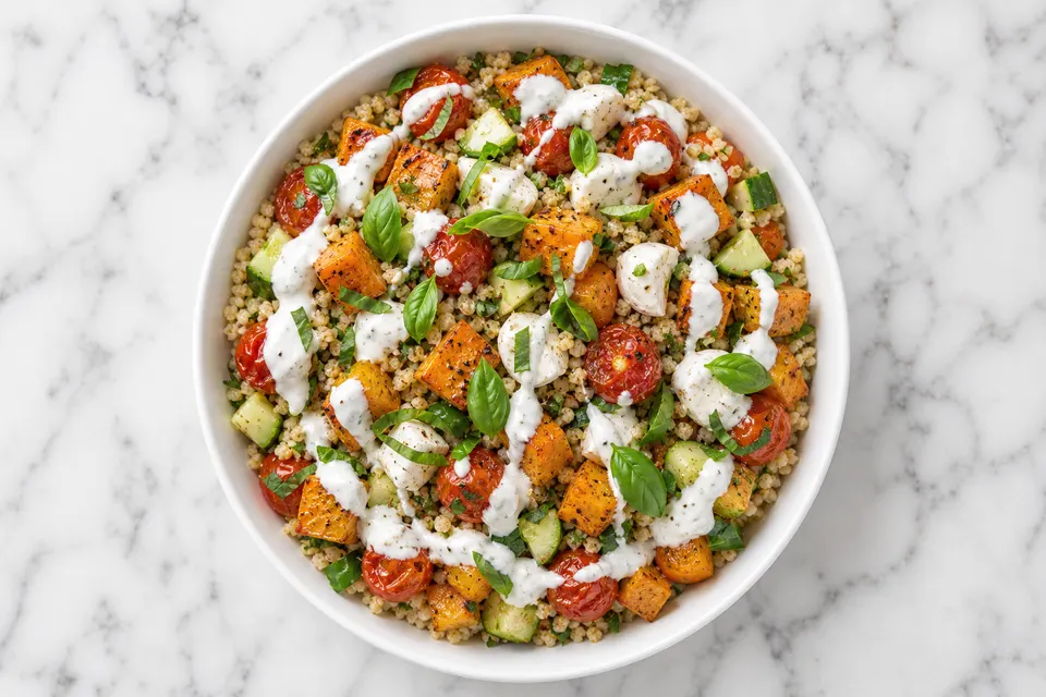 Caprese Bulgur Wheat Salad with Roasted Butternut, Basil & Yoghurt Dressing — finished dish