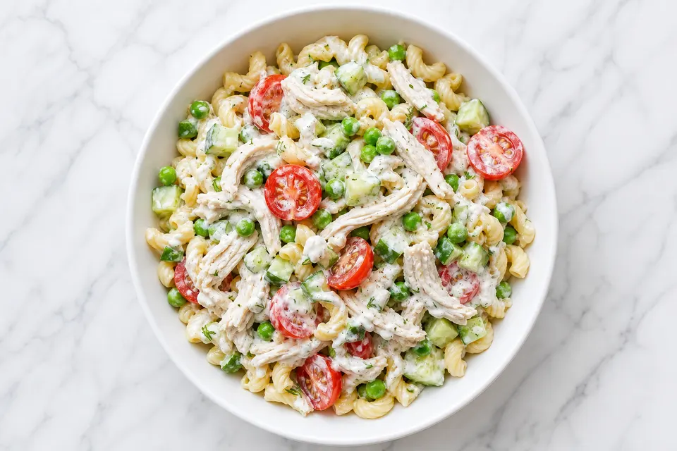 Chicken, Pea & Cucumber Summer Pasta Bowls — finished dish