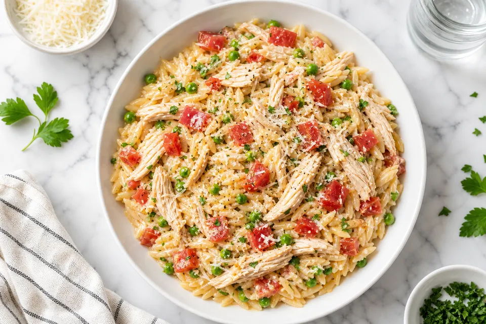 Chicken, Pea & Tomato Orzo — finished dish