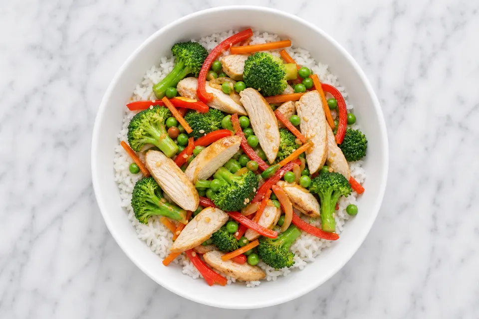 Chinese-Inspired Chicken, Broccoli & Pea Rice Bowls — finished dish