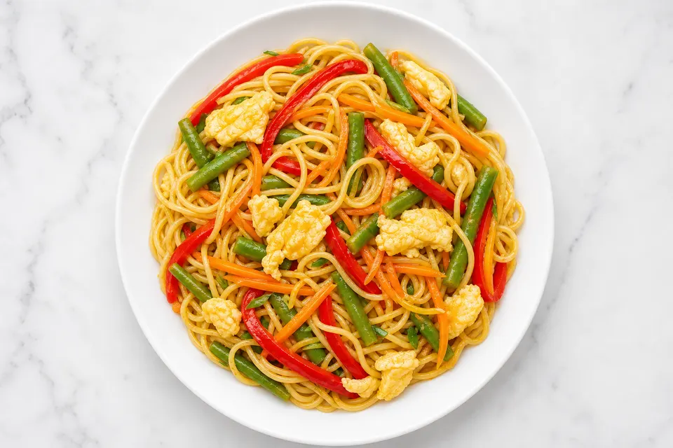 Chinese-Inspired Sesame Green Bean & Egg Noodles — finished dish