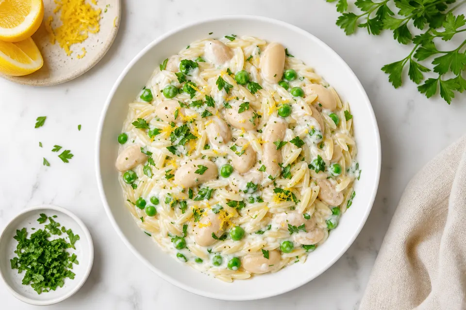Creamy Butter Bean & Pea Orzo — finished dish