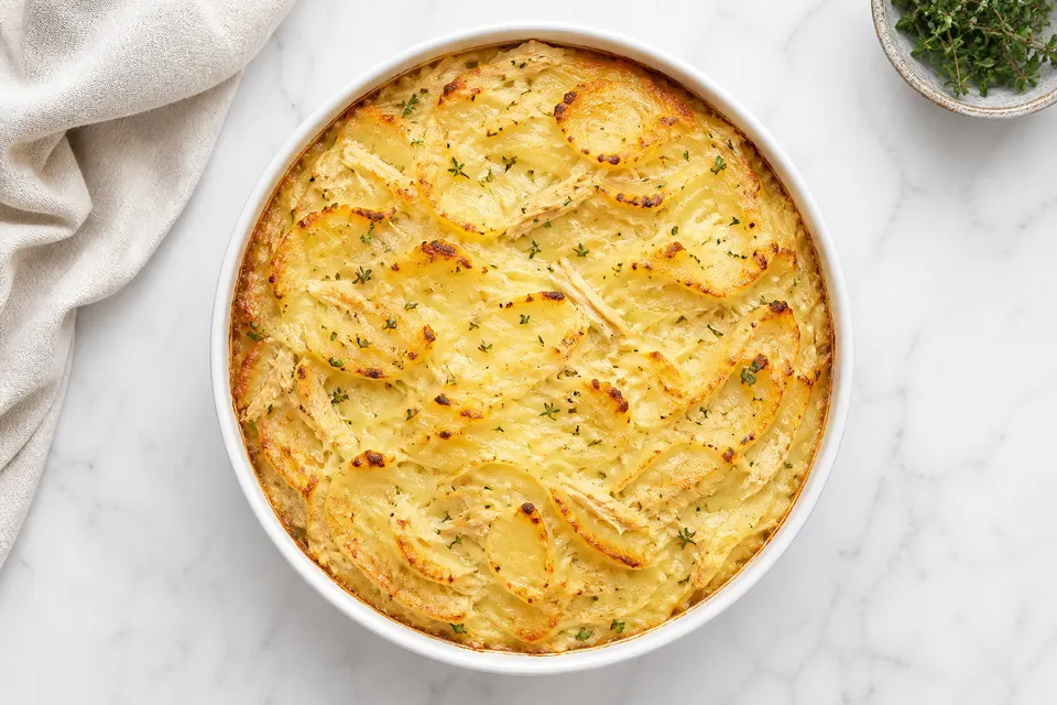 French-Inspired Leftover Creamy Chicken, Herb & Potato Gratin — finished dish