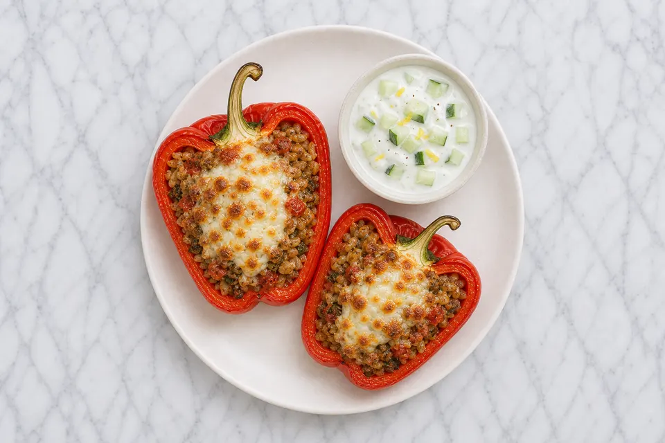 Greek-Inspired Leftover Smoky Rice-Stuffed Peppers with Lemon Yoghurt — finished dish