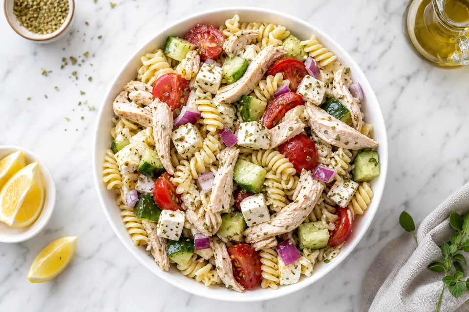 Greek-Style Chicken Pasta Salad — finished dish