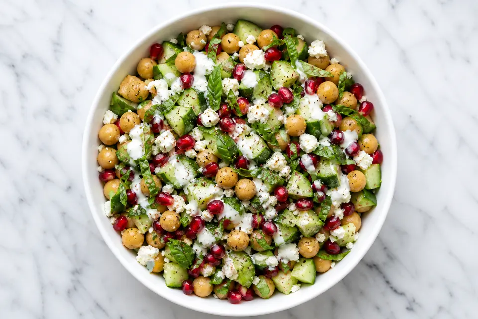 Greek-Style Chickpea, Cucumber, Basil & Pomegranate Bowls — finished dish