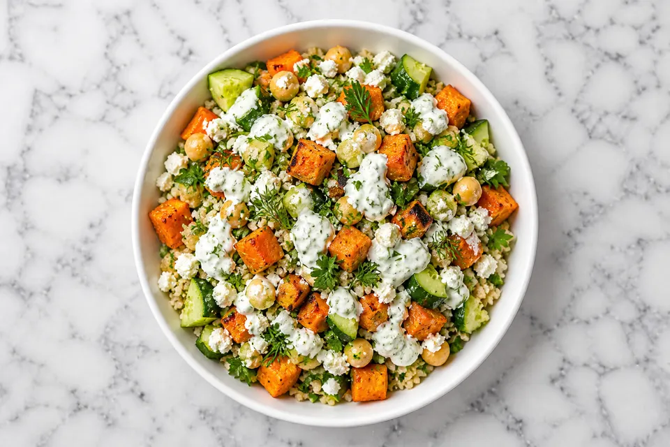 Greek-Style Sweet Potato, Feta & Herb Salad Bowls — finished dish