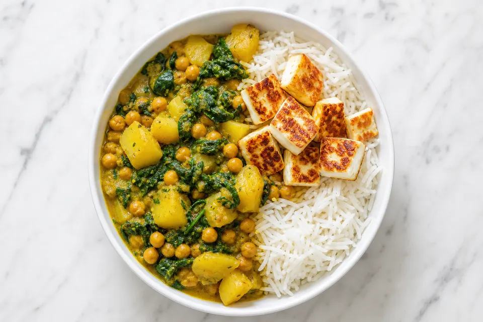 Halloumi Chickpea & Potato Spinach Curry — finished dish
