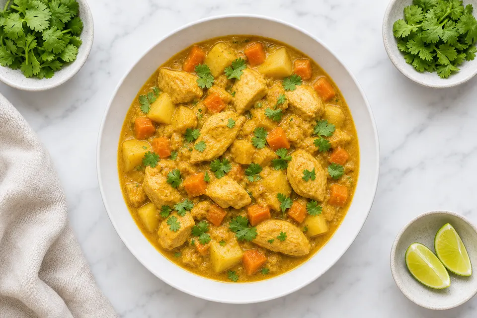 Indian-Inspired Mild Chicken, Potato & Root Veg Curry — finished dish