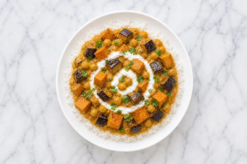 Indian-Style Aubergine, Peanut & Sweet Potato Rice Plates — finished dish