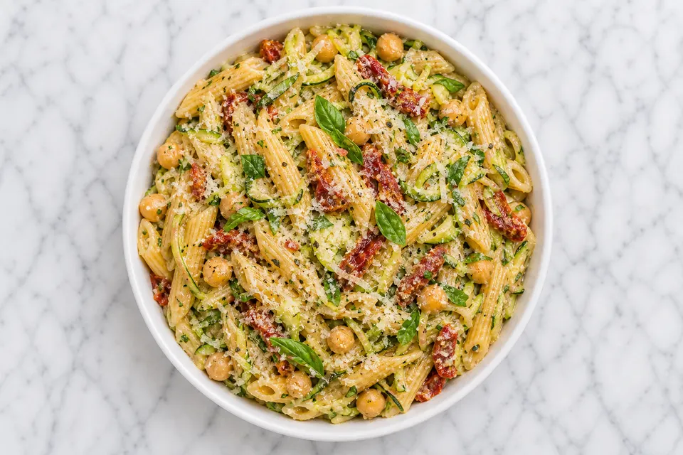 Italian-Style Creamy Herb Pasta with Courgette, Chickpeas & Parmesan — finished dish