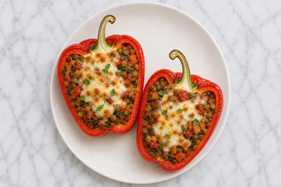 Italian-Style Leftover Grain, Lentil & Veg Stuffed Peppers — finished dish