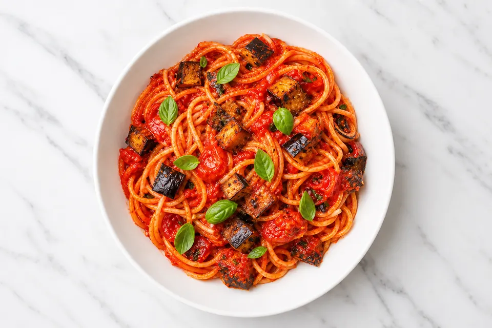 Italian-Style Pasta with Pepper, Tomato & Mild Harissa Sauce — finished dish