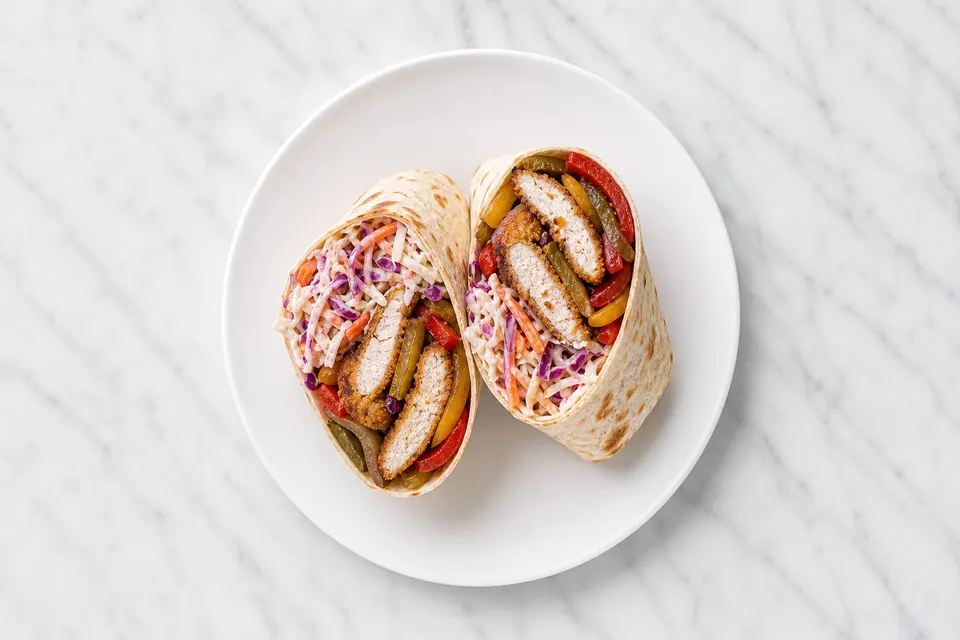 Leftover Crispy Chicken Fajita Wraps with Carrot Yoghurt Slaw — finished dish