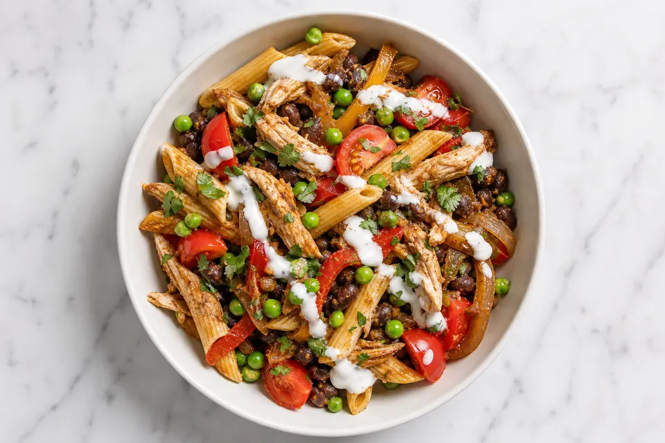 Leftover Fajita Chicken Pasta Bowls — finished dish