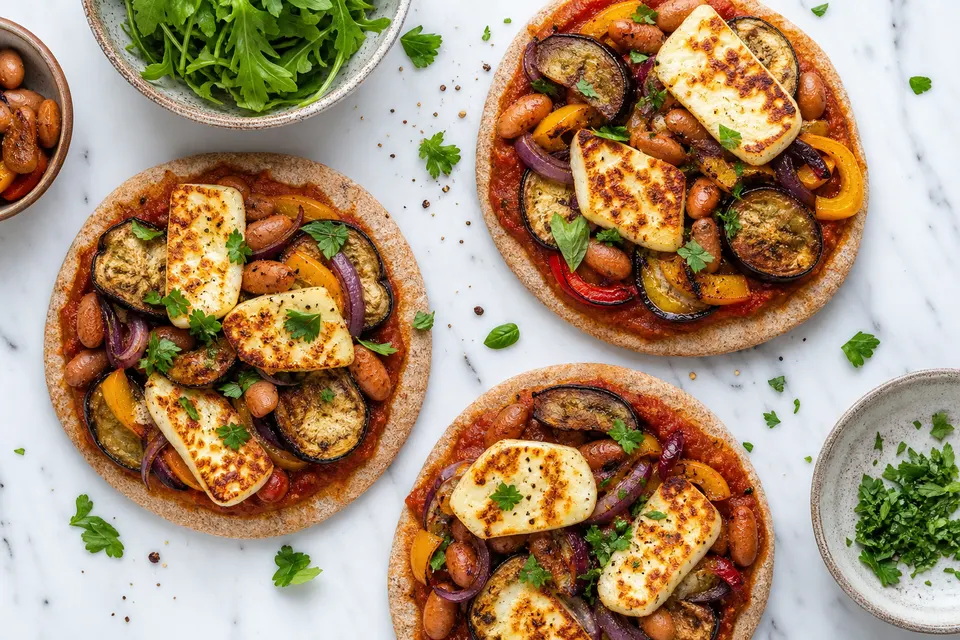 Leftover Shawarma Bean & Aubergine Pitta Pizzas — finished dish