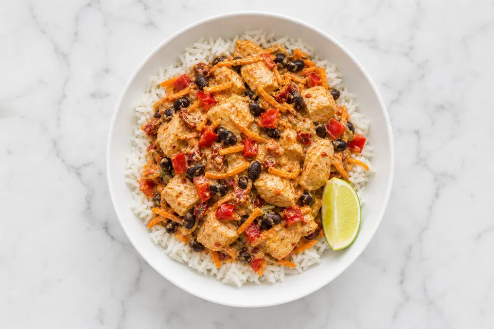 Mexican-Inspired Creamy Sun-Dried Tomato Chicken & Black Bean Rice Bowls — finished dish