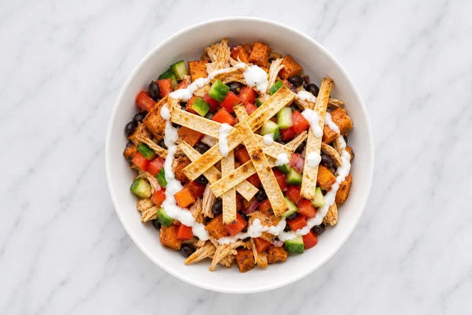 Mexican-Inspired Leftover Chicken, Root Veg & Yoghurt Tortilla Bowls — finished dish