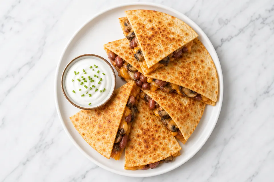 Mexican-Inspired Mushroom, Borlotti Bean & Cheddar Quesadillas — finished dish