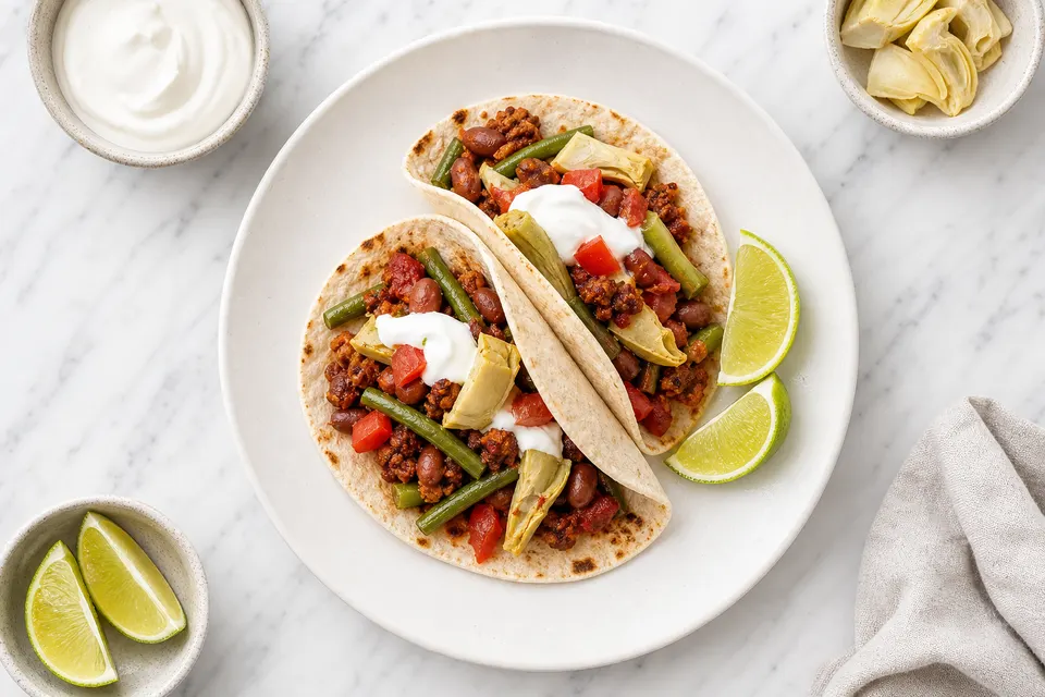 Mexican-Inspired Smoky Chorizo, Green Bean & Artichoke Tacos — finished dish