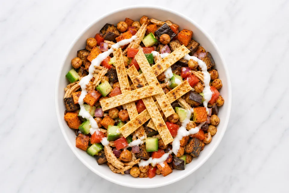 Mexican-Style Chickpea, Roasted Aubergine & Sweet Potato Taco Salad — finished dish