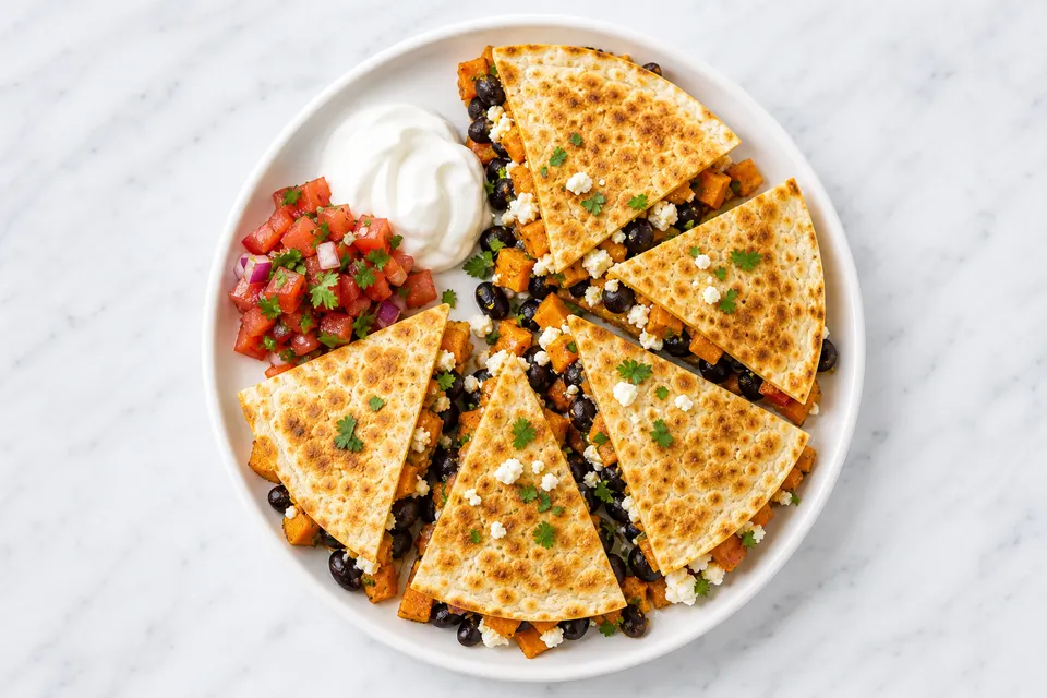 Mexican-Style Sweet Potato, Black Bean & Feta Quesadillas — finished dish