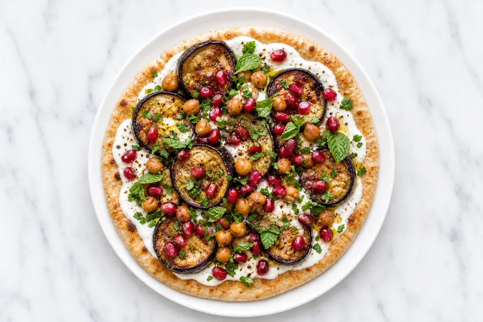 Middle Eastern-Style Roasted Aubergine, Chickpea & Pomegranate Flatbreads — finished dish