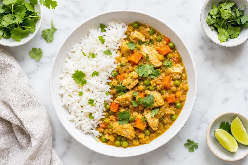 Mild Chicken, Lentil & Veg Curry with Rice — finished dish