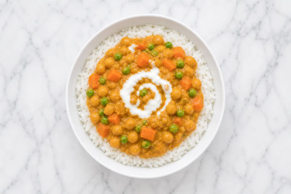 Mild Indian-Style Chickpea, Carrot & Pea Curry — finished dish