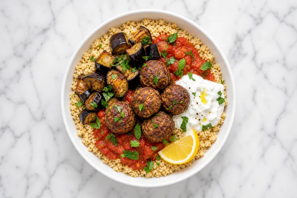 Moroccan-Inspired Leftover Meatball, Aubergine & Couscous Bowls — finished dish