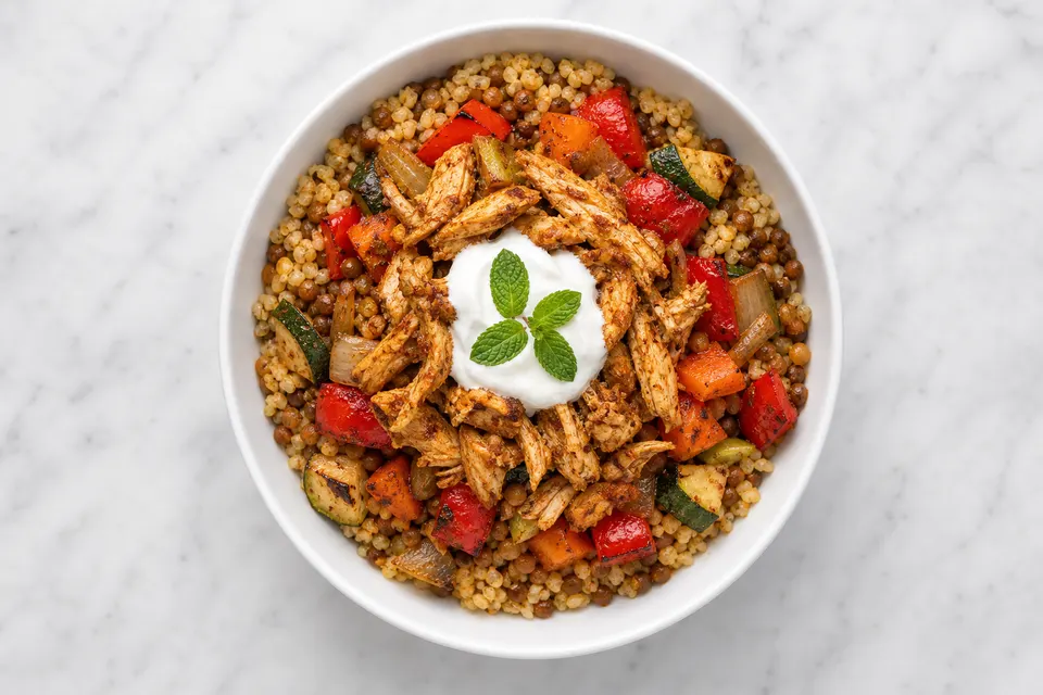 Moroccan-Style Chicken, Lentil & Grilled Pepper Grain Bowls — finished dish