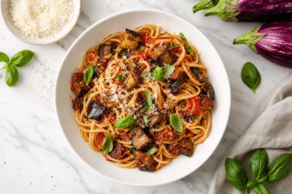 Pasta alla Norma Spaghetti — finished dish