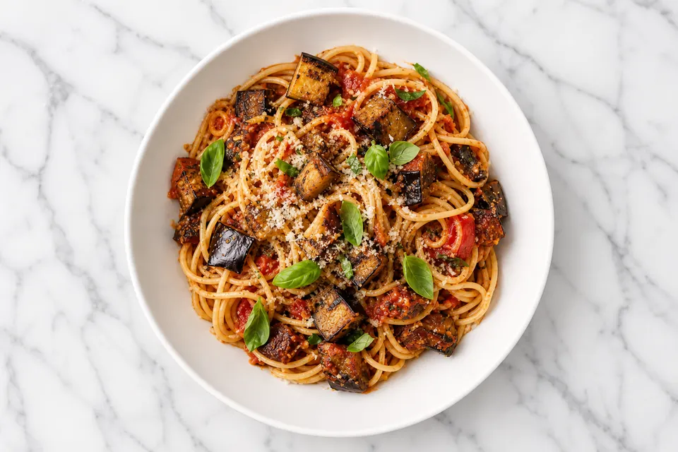 Pasta alla Norma-Style Spaghetti with Aubergine, Tomato & Pecorino — finished dish