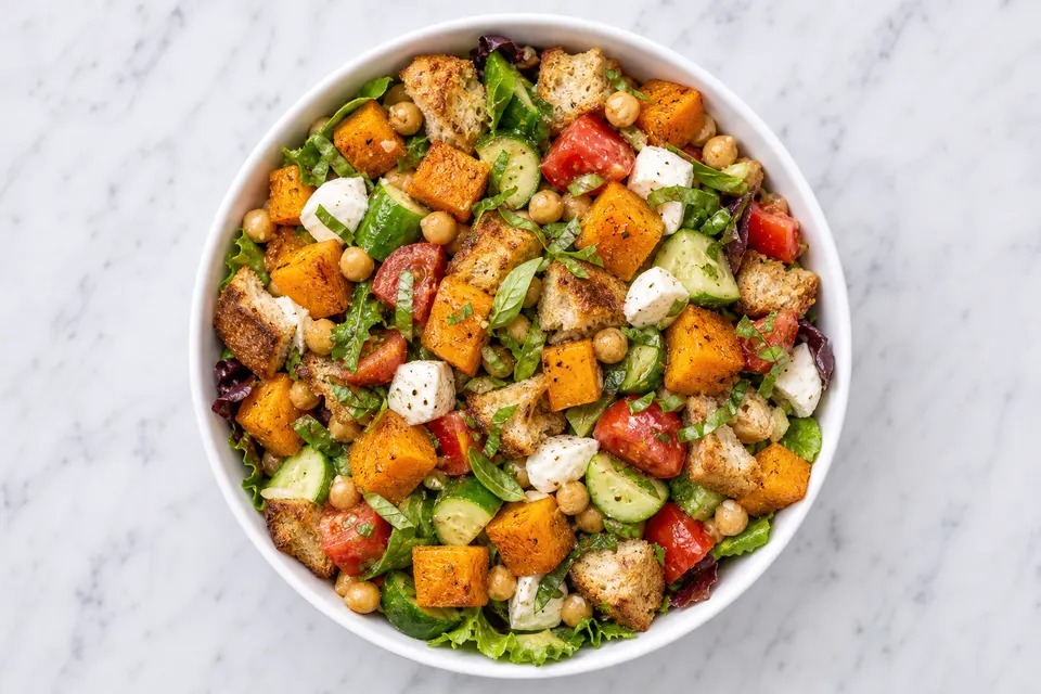 Roasted Butternut, Mozzarella & Tomato Panzanella-Style Salad — finished dish