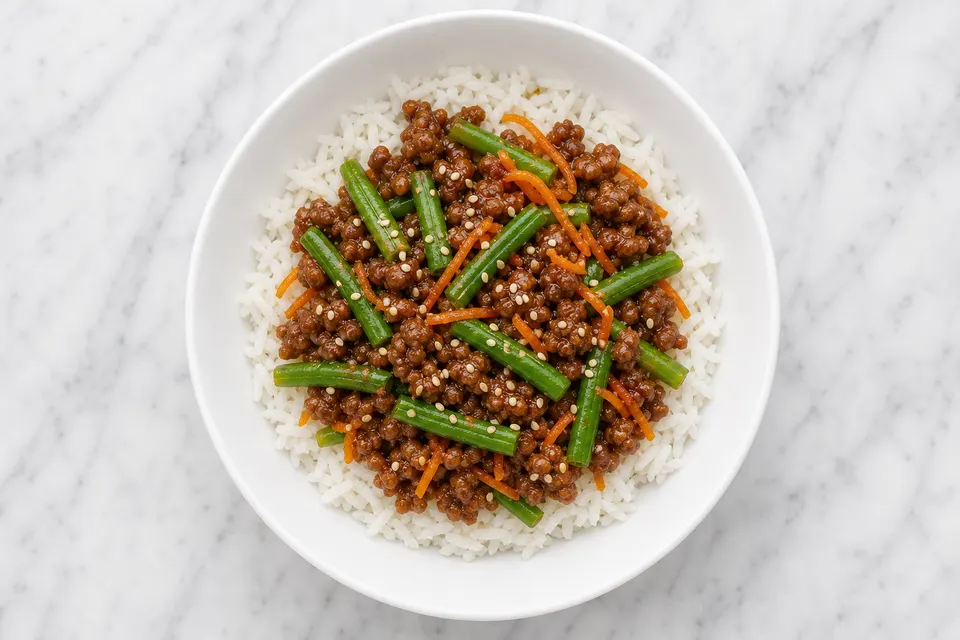 Simplified Sticky Thai-Style Pork Rice Bowl with Green Beans — finished dish