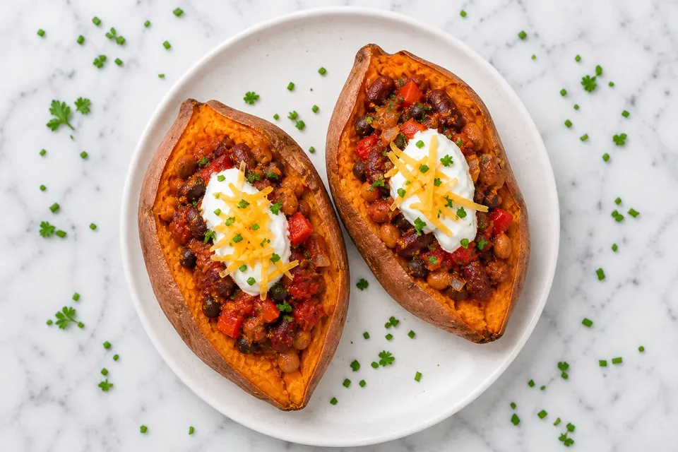 Smoky Three-Bean Loaded Sweet Potatoes — finished dish