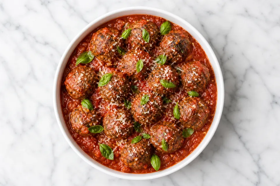 Sweet Cinnamon Beef Meatballs with Almonds, Raisins & Tomato Sauce — finished dish