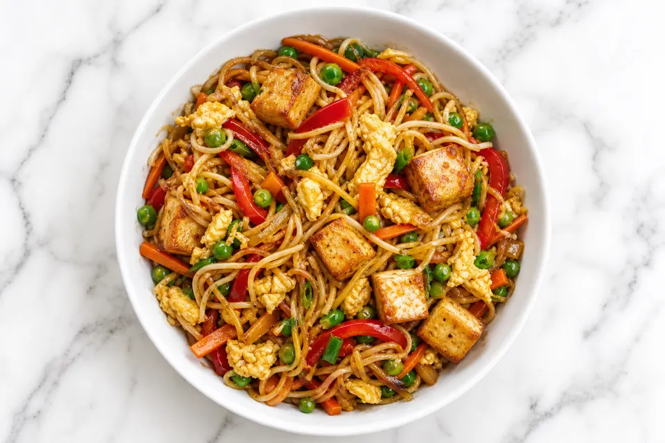 Tofu, Egg & Vegetable Noodle Stir-Fry — finished dish