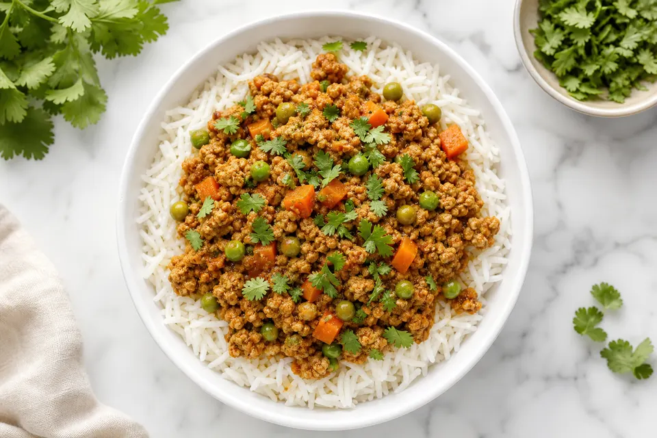 Veg-Packed Mild Turkey Keema & Rice — finished dish